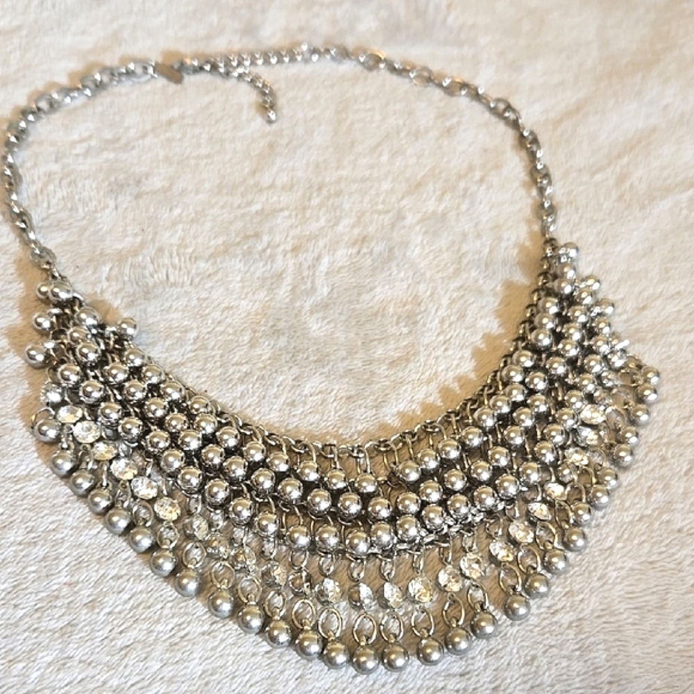 #208 Silver Tone Statement Necklace With Cascadin… - image 2